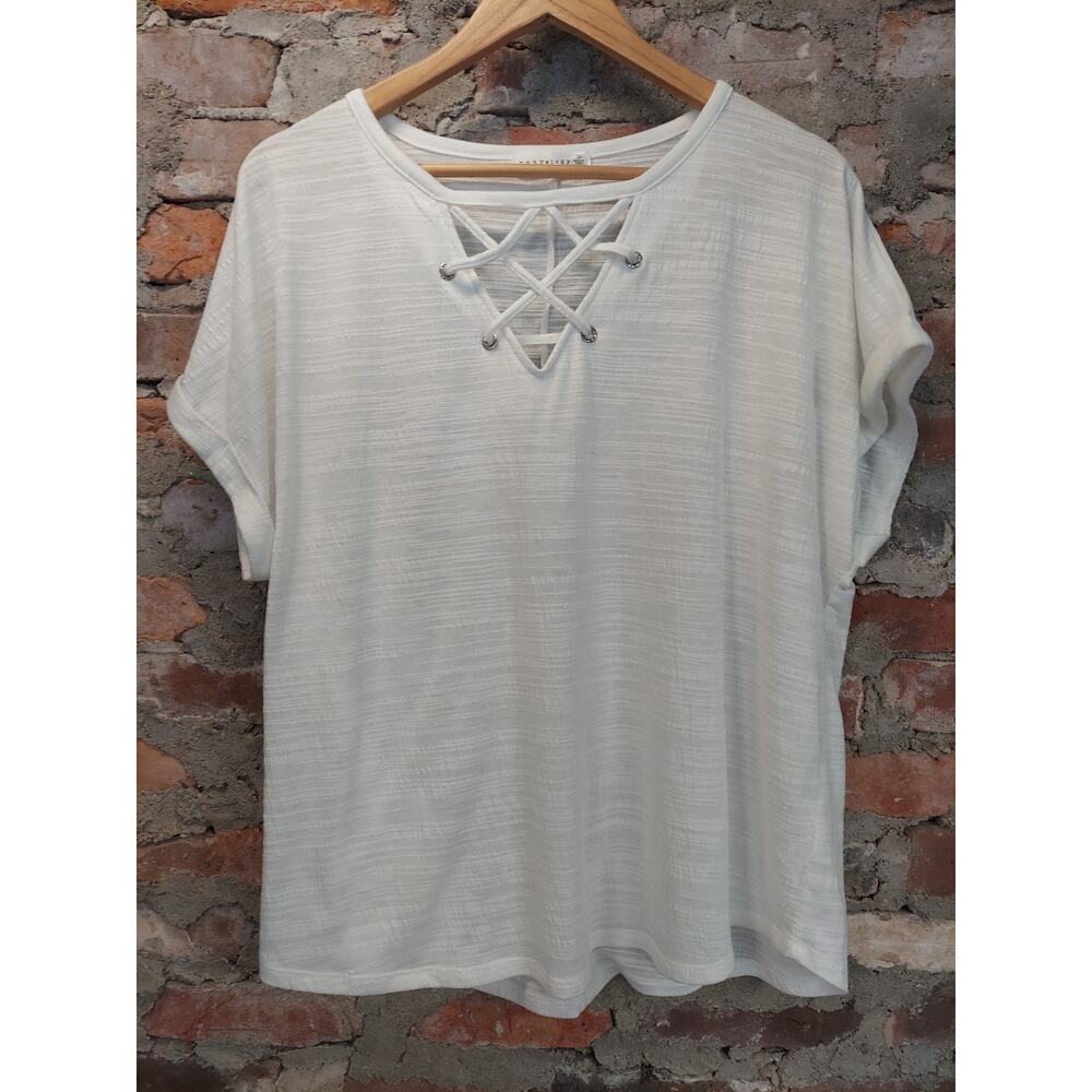 retrology Womens T-Shirt 2X White Lattice V-Neck Criss Cross Short Sleeve Top